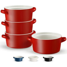 Ceramic Soup Crocks, 18 oz, Stackable, Oven/Microwave/Dishwasher Safe, with Handles, Matte Red, Set of 4