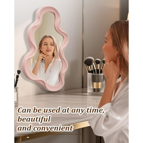 Pink Asymmetrical Wall Mirror Modern Wavy Design 1 Piece 1