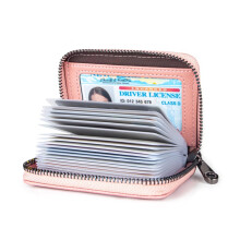 (Pink) Women's genuine leather RFID anti-magnetic card wallet, red