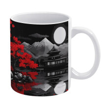 Japanese Landscape Cherry Blossom Trees Building 11oz Coffee Mug with Handles Ceramic Tea Cup For Water Tea Drinks Dishwasher and Microwave Safe