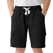 Boys School Uniform Shorts Solid Color Elastic Waist Drawstring Dress Shorts With Pockets Child Casual Vacation Shorts,Black,15-16 Years
