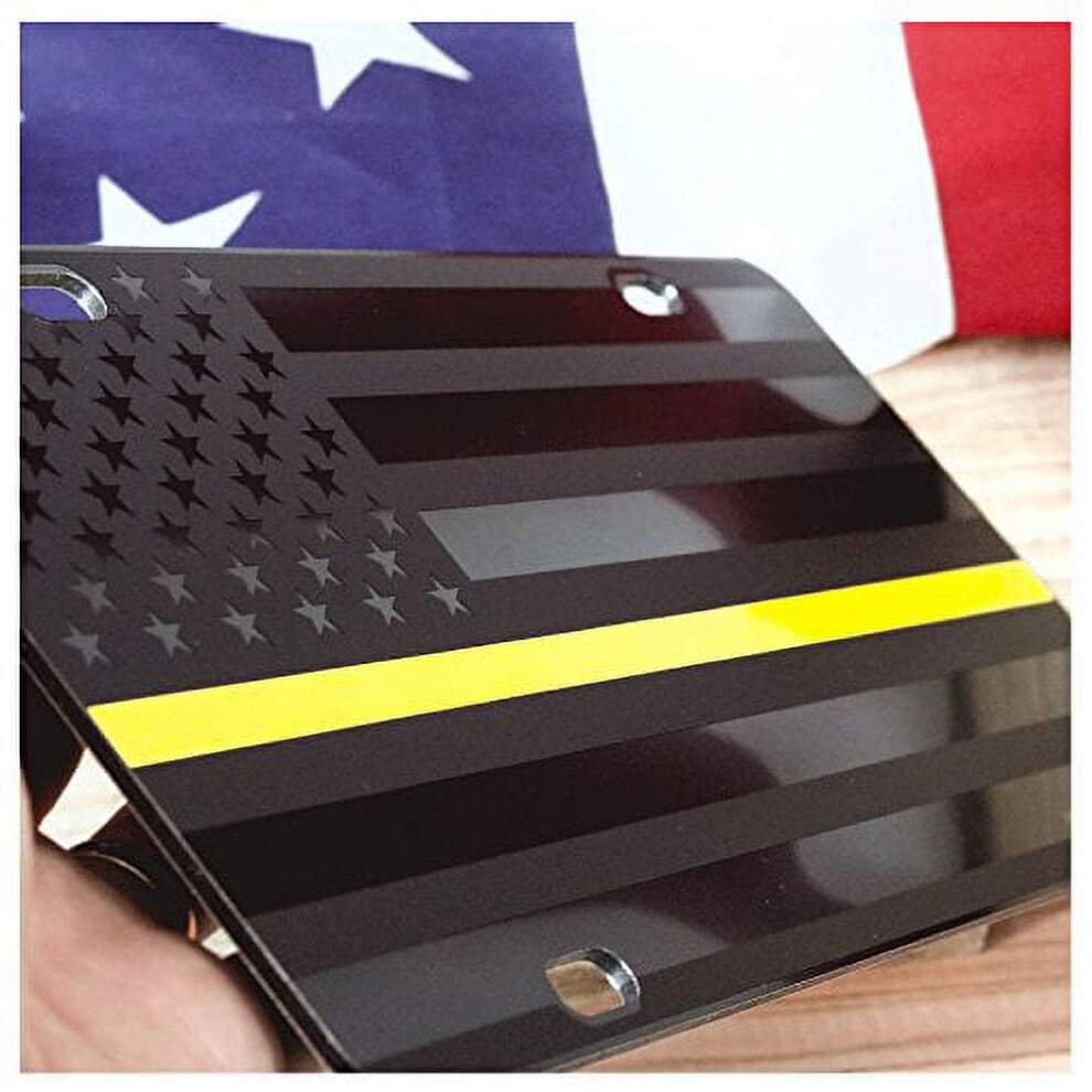 Jass Graphix Dispatcher Thin Line Flag License Plate, Matte On 1/8" Aluminum Â Compatible With Usa Cars Yellow/Black 9557311355110
