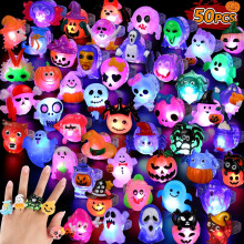 50PCS 3D Light-Up Halloween Rings – LED Flashing Toys, Glow-in-Dark Party Favors, Non-Candy Treats, Goodie Bag Fillers, Compatible with Halloween