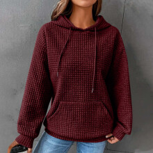 Womens Waffle Hoodie,Hoodies for Women Casual Pullover Waffle Long Sleeve Drawstring Hooded Sweatshirt with Pocket 2024 Wine,L