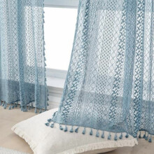 Light Blue Sheer Curtains 84 Inches Long 2 Panels with Rod Pocket Tassel Cotton Boho Crochet for Bedroom Living Room, Stone Blue