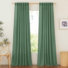 Olive Green Linen Curtains, Rod Pocket & Back Tab, Light Filtering, Privacy, Not See-Through, W55xL95, 2 Panels
