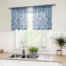 Stone Blue Sheer Kitchen Curtains 30 X 24 Inch Length 2 Panels Embroidered Leaf Pattern Short Bathroom Window Curtains for Small Window Valance Tiers