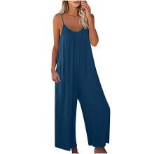 QLEICOM Dam Lösa Ärmlösa Jumpsuits Justerbara Spaghettiband Stretchiga Långbyxiga Jumpsuit med Fickor Blå L, US Storlek 10