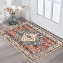 2x3 Ft Washable Boho Entry Rug, Non-Slip Indoor Door Mat – Rust/Orange/Blue Faux Wool Vintage Kitchen Rug, Compatible with Small Areas
