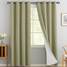 Sage Green Linen Blackout Curtains, 90" Long, Thermal Grommet, Room Darkening, 2 Panels with Greyish White Liner