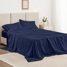 Ensemble de draps 4 pièces pour lit double, microfibre série 1800, infroissable, poches profondes de 40 cm, bleu marine