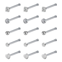 15Pcs Nose Rings Mix Shaped Nose Studs for Women Shiny Nose Piercings Silver
