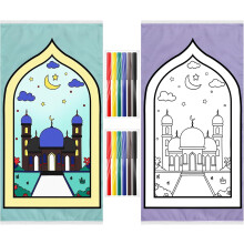 2 Pcs Kids Prayer Mats, Ramadan Eid Gifts, Washable with 12 Markers, Compatible with Islamic Religious Use