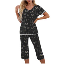 Dames casual losse nachtkleding set - Top met V-hals en print, korte mouwen + capri broek met elastische taille en zijzakken | S-2XL | Pyjama set