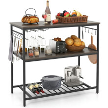 Kitchen Island with 3 Shelves Wine Glass Holders and 10 Hooks, Baker's Racks, Gray