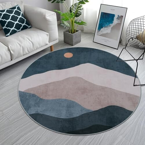 Abstract round area rug faux wool blue 4 ft