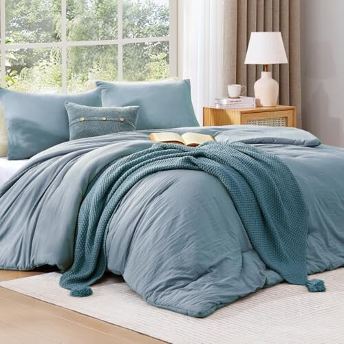 King Comforter Set Dusty Blue 3-Piece Prewashed Lightweight 1