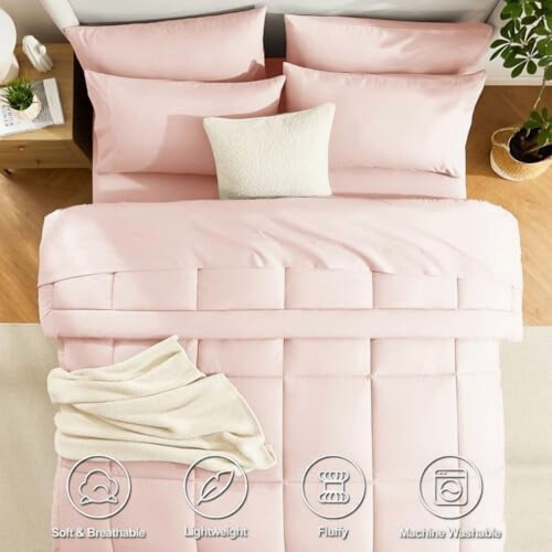King Comforter Set Blush Pink Stitch-Quilted 7-Piece 1