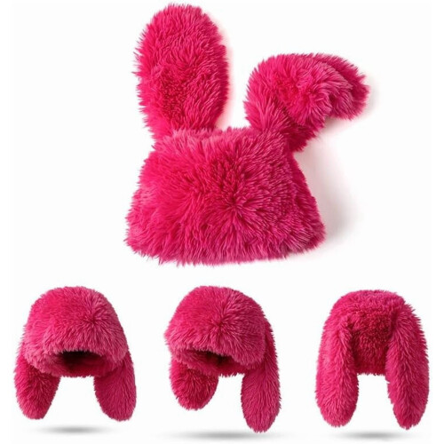 Plüschmütze mit Hasenohren aus Polyester, Schwarz, Grau, Rosa 1
