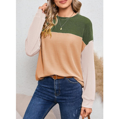 Damenmode 2023: Farbblock-Strickpullover mit langen Ärmeln und Rundhalsausschnitt 2