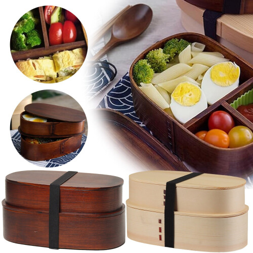 Japanese Wooden Bento Box – Double Layer, 1000ml, Oval 2