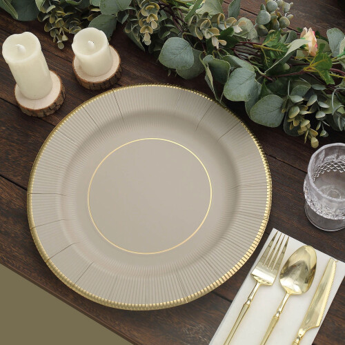 25Taupe13" Στρογγυλά χάρτινα πιάτα μιας χρήσης με μεταλλικό περίγραμμα και σκεύη για 2