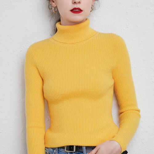 Damen-Herbstpullover, modischer Langarm-Rollkragenpullover, einfarbig, aus Schafwolle, locker gestrickt, gelb 1