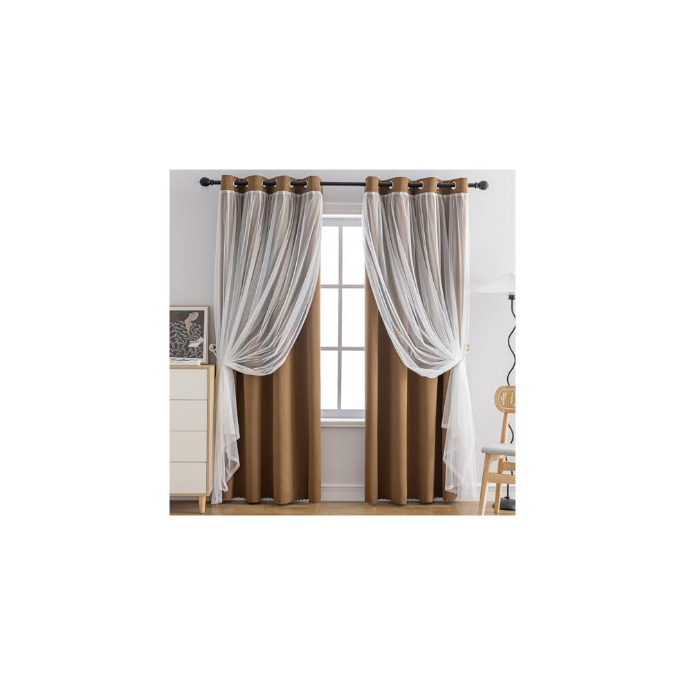 Home Curtains Blackout and Sheer Layered Solid Window Curtain Panel Pair with Grommet Top, 52Wx84L,Coffee