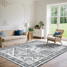 Tapis vintage bohème à motifs floraux gris 244 x 305 cm (8 x 10 pi) lavable en machine à basse température