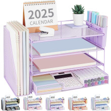 Bureau-organizer met 4 lagen, lade en 2 pennenhouders, donkerblauw. Werkplekorganizer voor kantoorbenodigdheden.