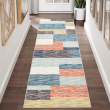 2x6 Geometric Runner Rug Non-Slip Hallway Kitchen Rug for Laundry Room Bedroom in Blue Multi Color