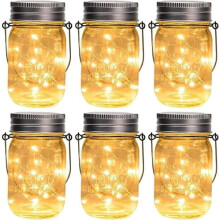 Confezione da 6 luci solari a forma di barattolo Mason, 30 LED, impermeabili, con ganci e barattoli – Decorazione per esterni per balcone,