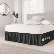 Schwarzer, plissierter Staubrüschen-Bettrock für Einzelbett, 15 Zoll