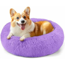 28in Large Dog Bed, Medium Size Dog and Cats, Calming Donut Bed for Puppy and Kitten, Washable Round Fluffy Pet Bed (Purple)