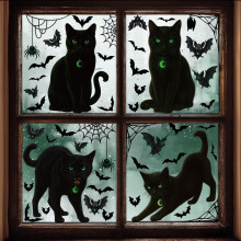 Halloween-fönsterklämmor: Spindelnät, svart fladdermus och katt – Återanvändbara statiska klämmor, kompatibla med glas och släta ytor