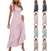 Maxi Dresses for Women 2025,Women's Casual Dresses,Women's Casual V-Neck Waist Maxi Dress Ruffles Elegant Dress Pink S