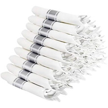 Lot de 60 couverts en plastique argenté, pré-roulés, couverts jetables argentés de qualité supérieure, parfaits pour les mariages, les