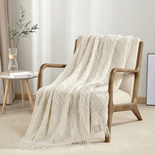 Beige Throw Blanket 50 x70 Inches Jacquard Argyle Throw Textured Solid Soft Throws and Blankets for Sofa or Bed Knitted Decorative Blanket