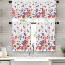 Floral Kitchen Curtains Set – 36" Blue & Pink Flower Tier + Valance, Rod Pocket, Abstract Cafe Style, Compatible with Standard Rods