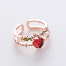 Women's Adjustable Floral Ring with Pink and Red Stones