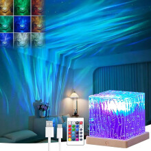 Aurora Borealis Night Light Projector – 16-Color Rotating Water Ripple Cube Lamp with Remote, Plug-in, for Bedroom & Party
