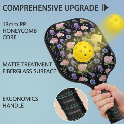 Σετ κουπιών Pickleball από fiberglass με λουλούδια, 2 μπάλες και τσάντα – Συμβατό με 1