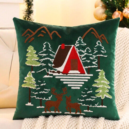 Capa de Almofada de Natal: Bordado de Floco de Neve e Árvore 2
