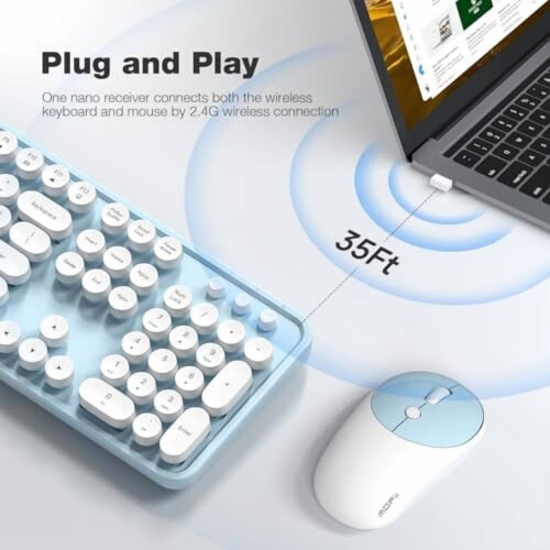 Wireless Keyboard & Mouse Combo, Full Size 2.4G Plug & Play Retro Round Set for Windows PC/Notebook – Light Blue 1