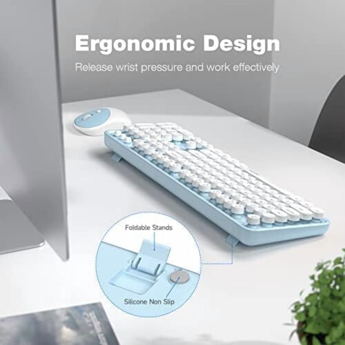 Wireless Keyboard & Mouse Combo, Full Size 2.4G Plug & Play Retro Round Set for Windows PC/Notebook – Light Blue 2