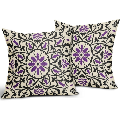 Boho Hørpudebetræk 45x45 cm, Lilla Sort Blomsterprint 1