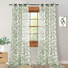 108" Sheer Grommet Curtains, Boho Leaf Floral, Sage Green & White, 2 Panels, Floor-Length for 9FT Ceilings