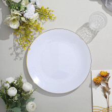 BalsaCircle 10 Round 10" White Glossy Disposable Salad Dinner Plastic Plates Gold Trim Party Events Decorations