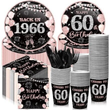 Décorations pour 60e anniversaire (1966) – 240 pièces : assiettes, serviettes, gobelets de 27 cl, couverts – Noir et rose – Pour 30 personnes