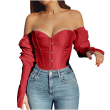 Off Shoulder Corset Tops with Sleeves for Women 2025 Fashion Plus Size Boned Corsets Long Sleeve Solid Sexy Underwear Shapewear Red